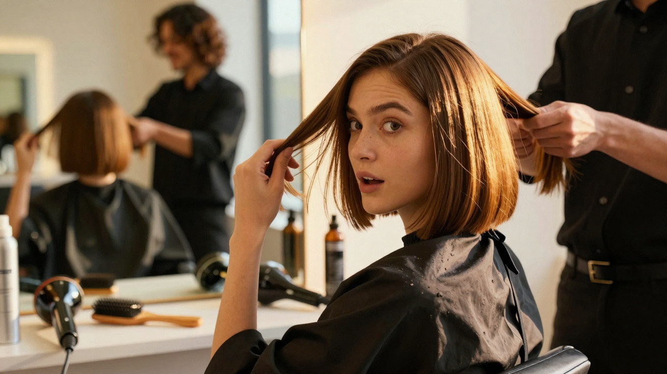 Mulher com cabelo curto feito em salão, recebendo cuidados de cabeleireiro diante do espelho.