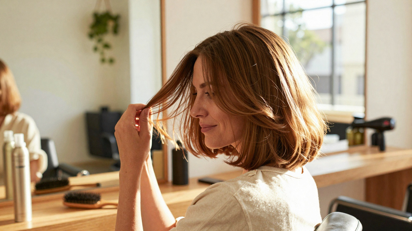 Mulher sorrindo e observando o cabelo recém-cortado em salão de beleza iluminado.