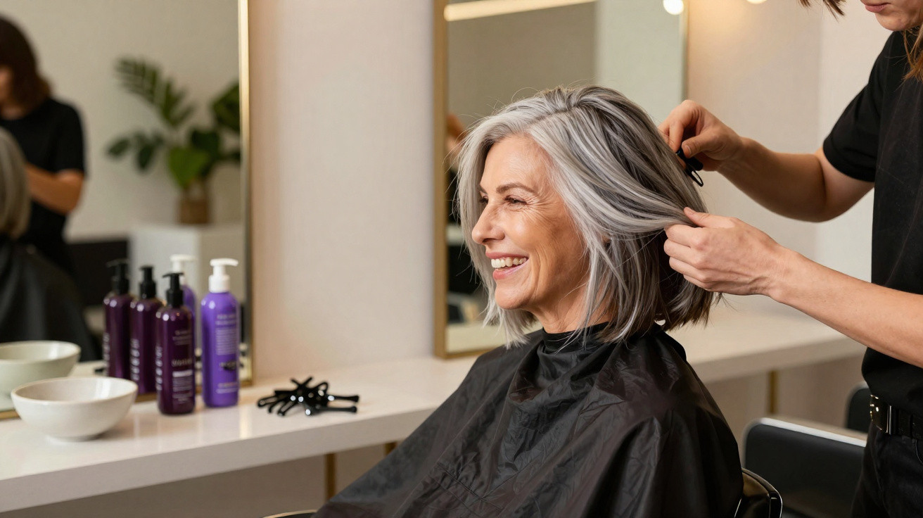 Mulher de cabelo grisalho sorrindo enquanto cabeleireira arruma seu cabelo em salão moderno.