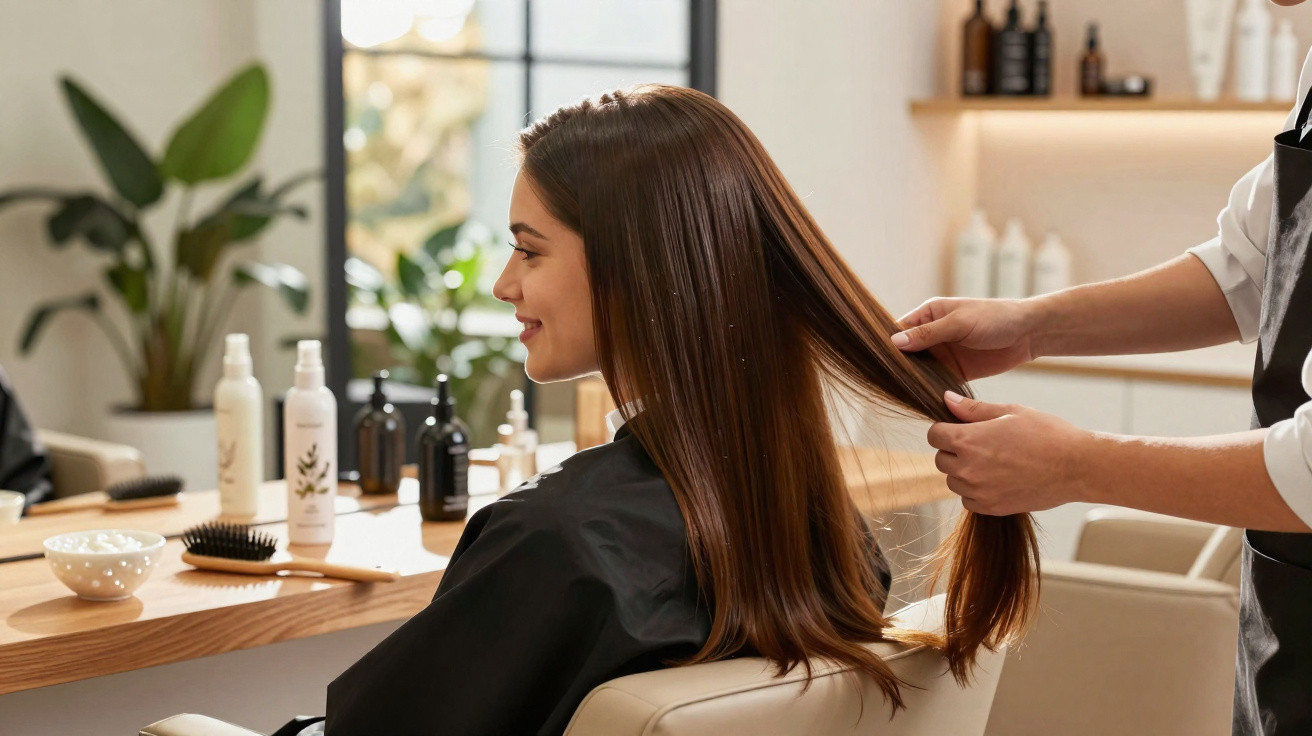 Mulher sorrindo com cabelo longo sendo cuidado por profissional em salão de beleza.