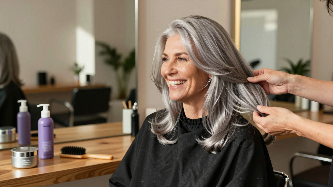 Mulher sorridente com cabelo grisalho arrumado em salão de beleza, mãos ajustam seu cabelo.