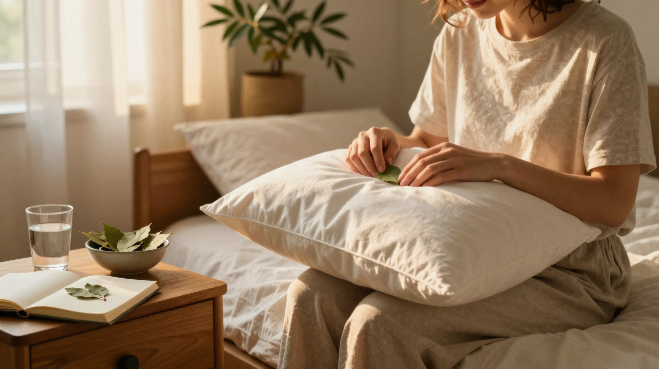 Mulher sentada na cama segurando folhas verdes sobre um travesseiro em ambiente iluminado e aconchegante.