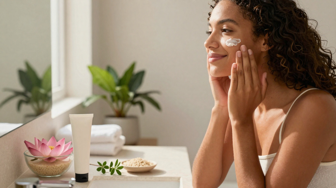 Mulher aplicando creme no rosto em banheiro iluminado com plantas ao fundo.