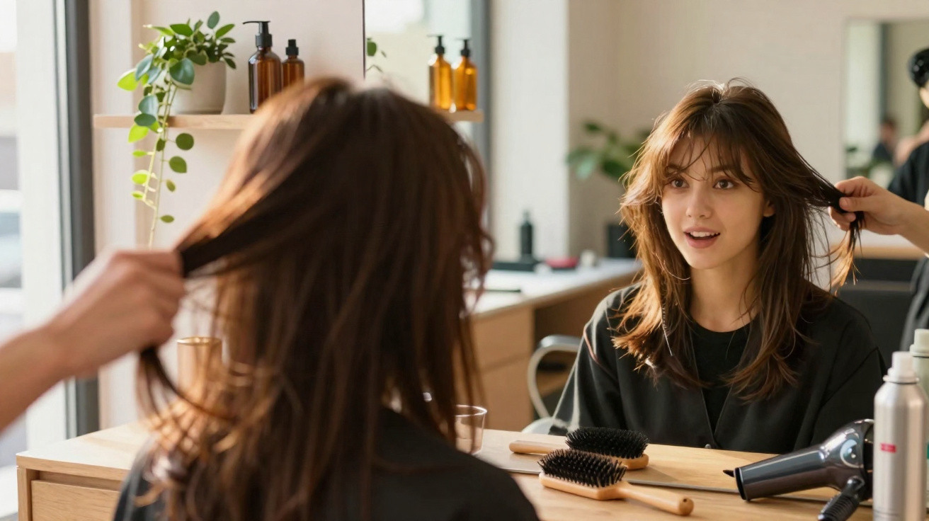 Mulher jovem sorrindo sentada em salão de beleza enquanto cabeleireiro arruma seu cabelo.