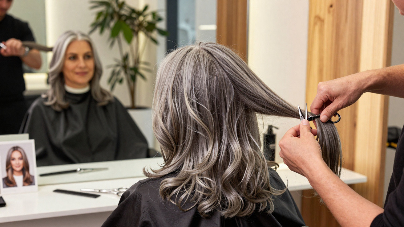 Mulher com cabelo grisalho sendo cortada por cabeleireiro em salão de beleza.