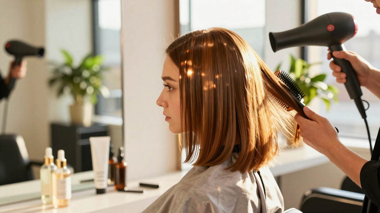 Mulher de cabelo loiro sendo escovada e secada com secador em salão de beleza iluminado.