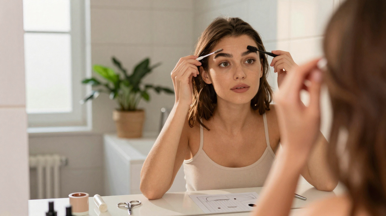 Mulher aplicando maquiagem nas sobrancelhas enquanto se olha no espelho do banheiro.