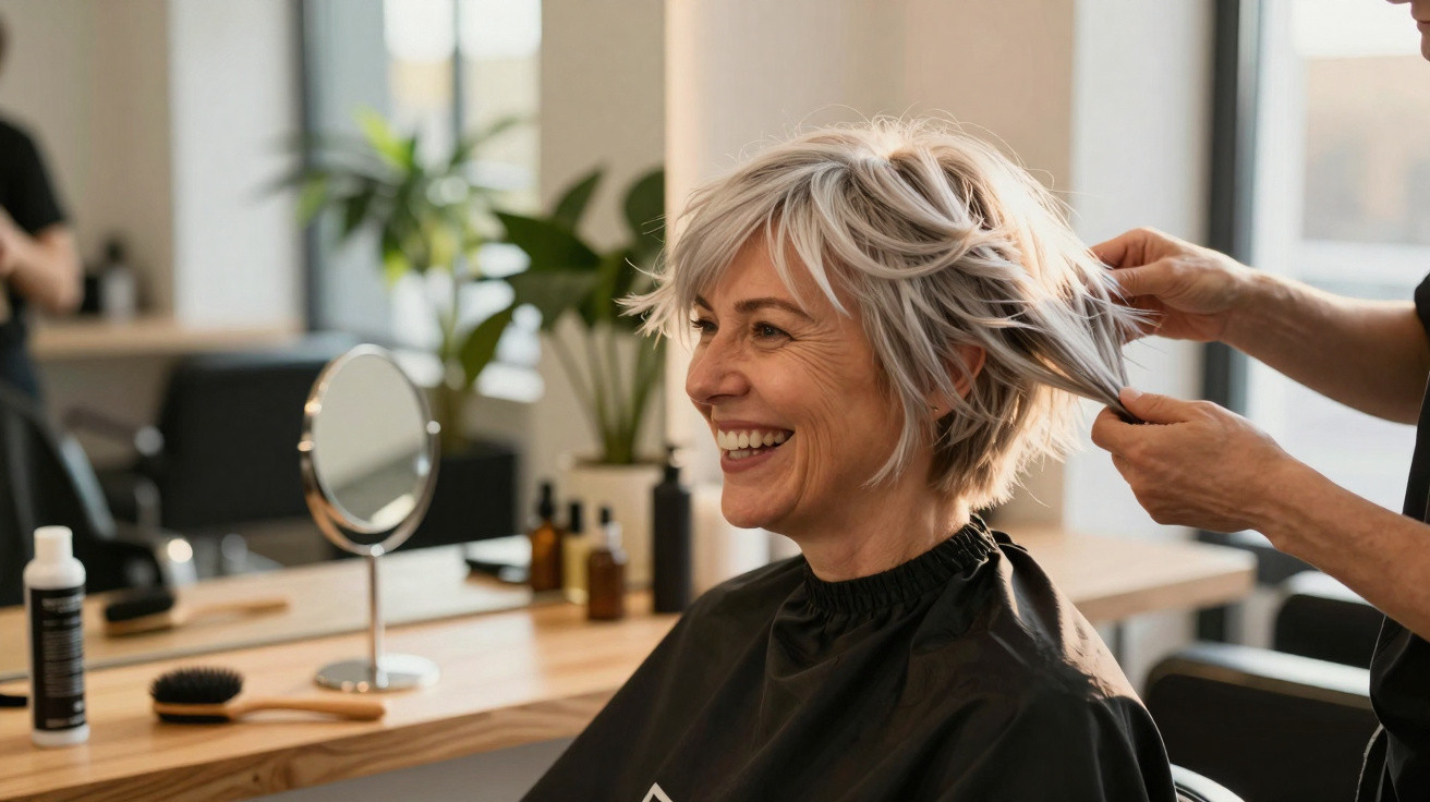 Mulher sorrindo enquanto cabeleireiro arruma seu cabelo curto e branco em salão iluminado.