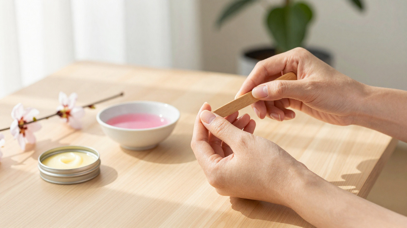 Mãos cuidando das unhas com lixa de madeira, creme hidratante e tigela com líquido rosa sobre mesa clara.