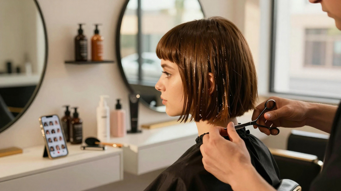 Mulher com cabelo curto sendo cortada por cabeleireiro em salão, com espelhos e produtos ao fundo.