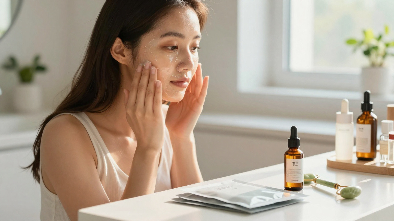 Mulher aplicando creme facial com frascos e acessórios de skincare em mesa clara.