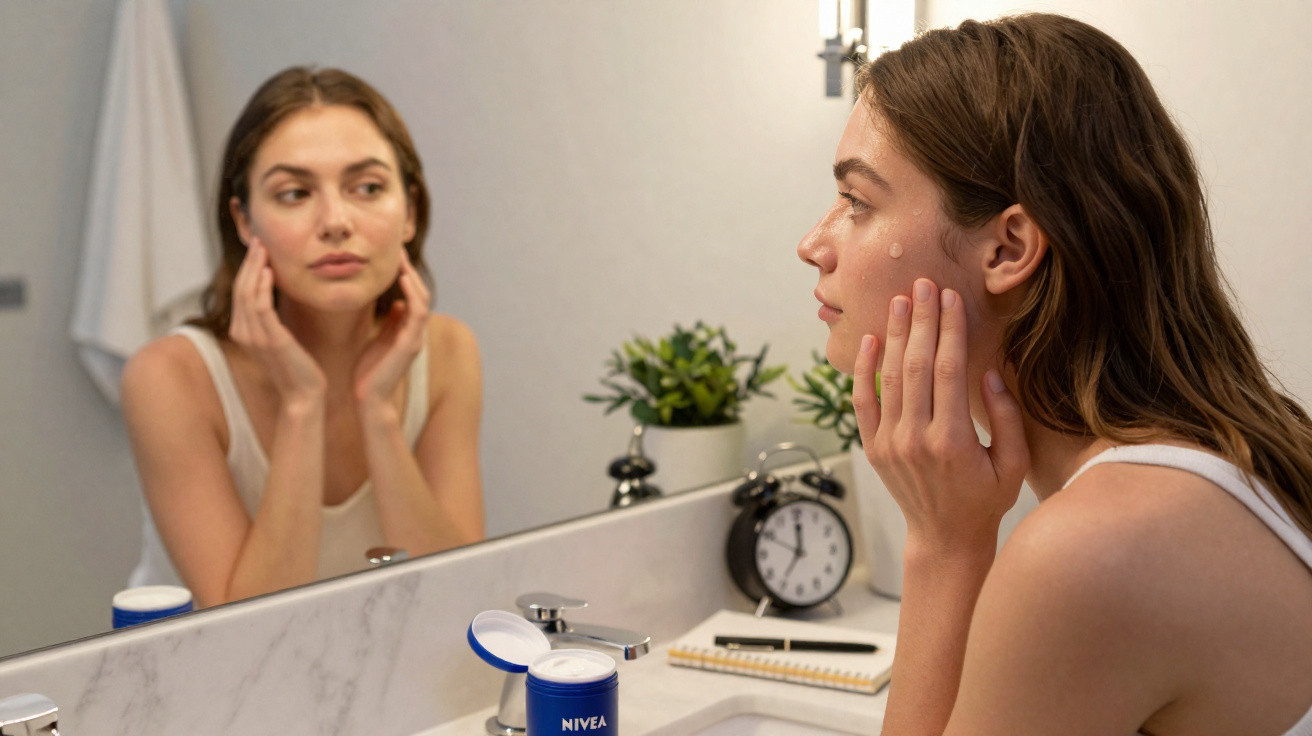 Mulher aplica creme facial à noite em frente ao espelho no banheiro, com relógio despertador e planta ao fundo.
