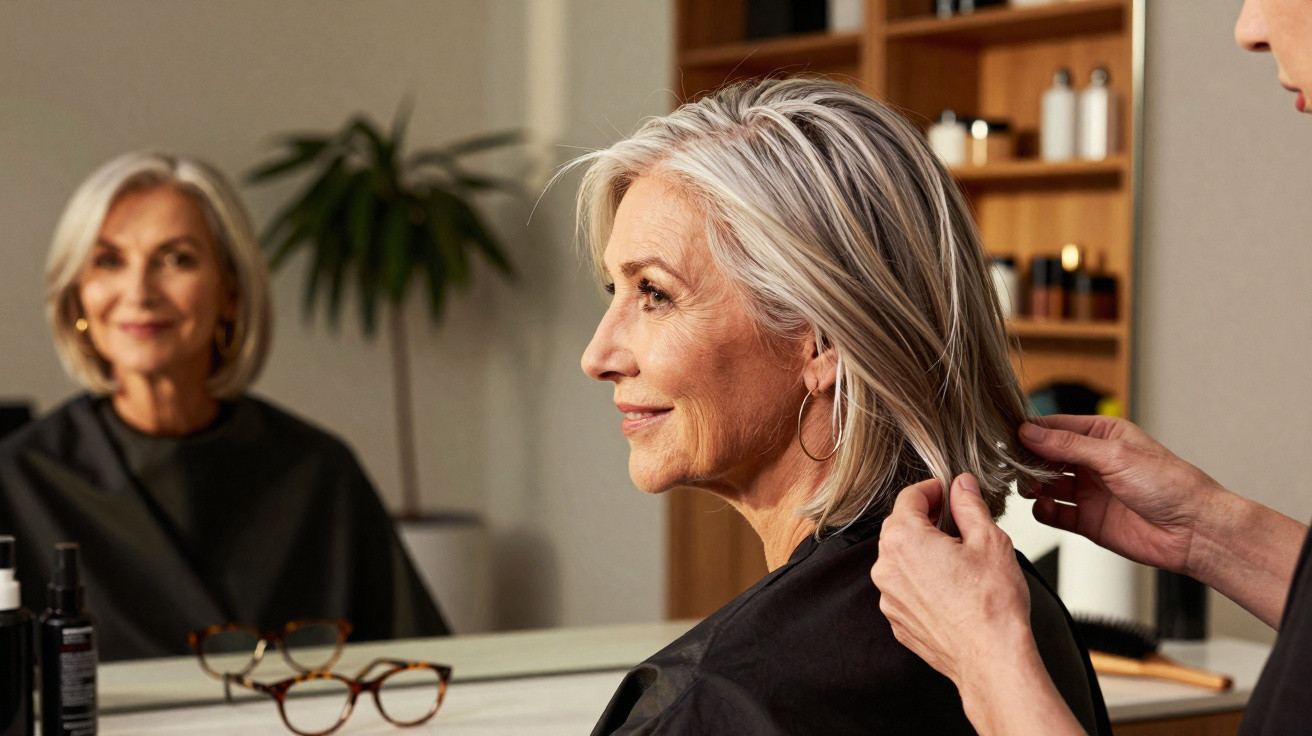 Mulher idosa sorrindo enquanto profissional cuida do cabelo em salão de beleza moderno e iluminado.