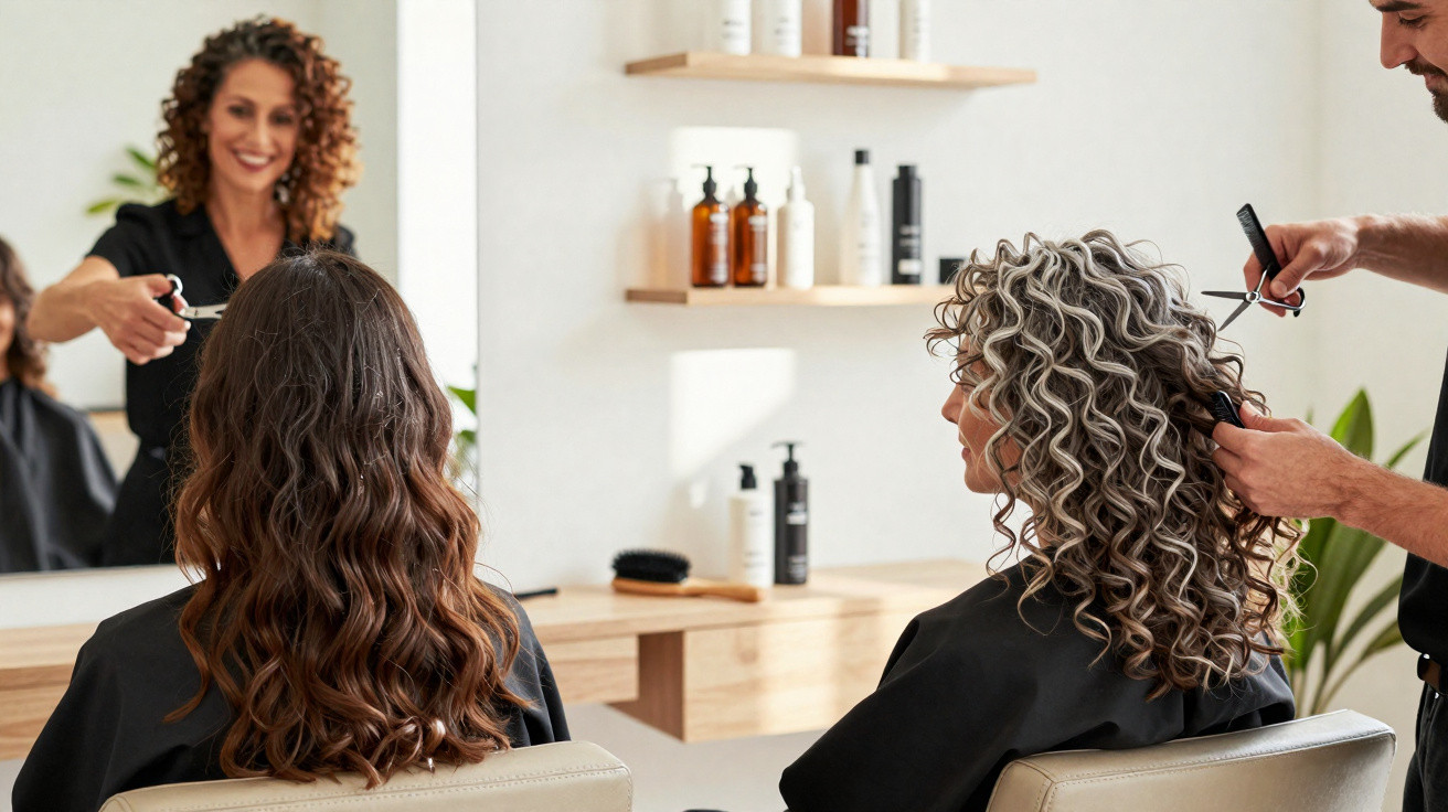 Salão de beleza com duas clientes recebendo cortes de cabelo de cabeleireiros.