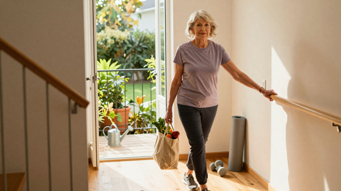 Mulher idosa carregando sacola de compras, caminhando em casa com luz natural e varanda ao fundo.