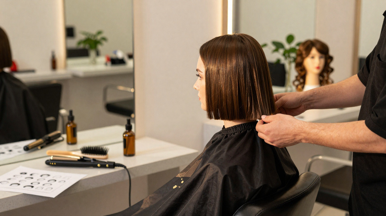 Mulher com cabelo liso e curto sendo atendida por cabeleireiro em salão moderno.