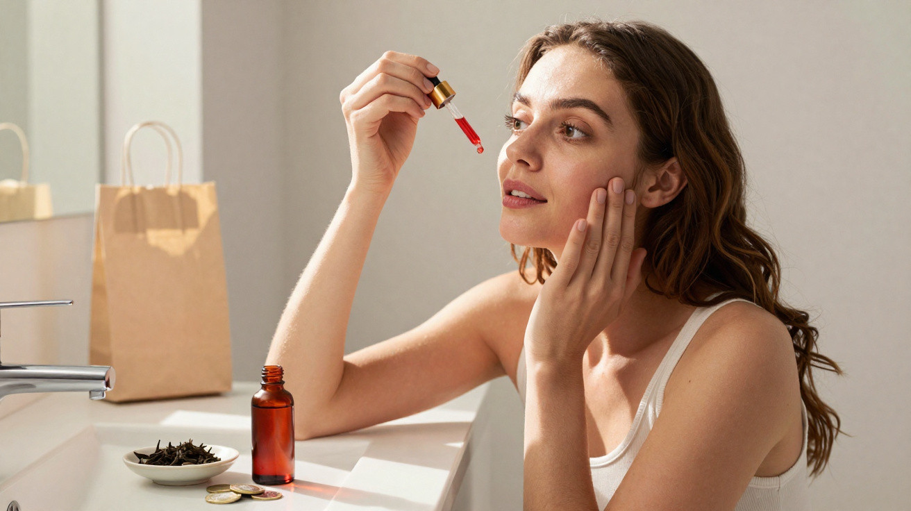 Mulher aplicando sérum facial com conta-gotas em ambiente iluminado e tranquilo.