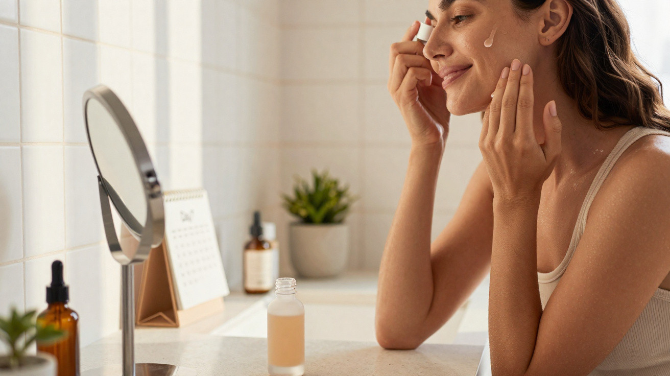 Mulher aplicando sérum facial em frente ao espelho em ambiente iluminado e com plantas no fundo.