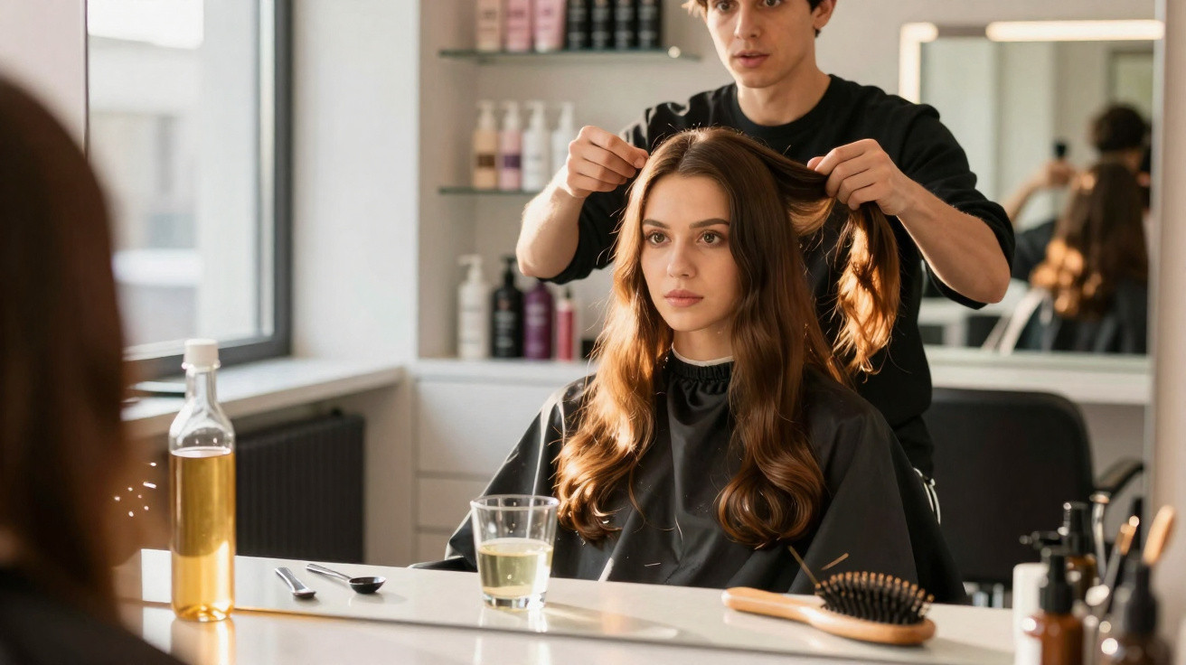 Mulher sentada no salão de beleza com cabeleireiro arrumando seu cabelo longo e ondulado.