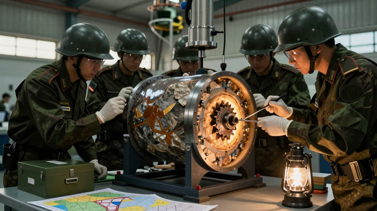 Militares em uniforme e capacete manipulam dispositivo explosivo sob iluminação de lampião em laboratório.