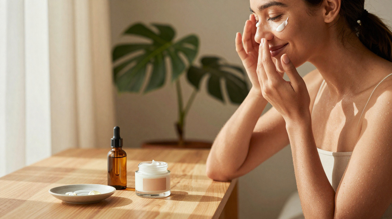 Mulher aplica creme no rosto com potes de cosméticos sobre mesa de madeira e planta ao fundo.