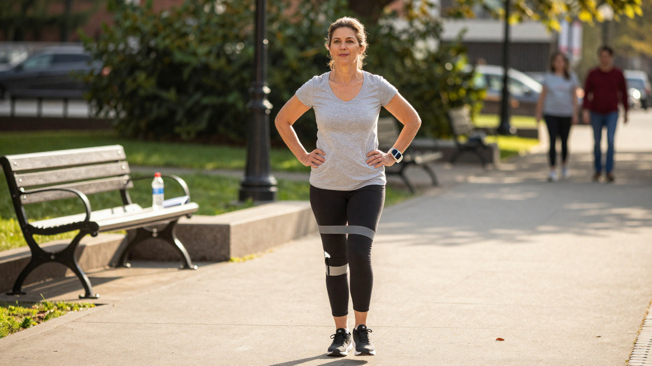 Mulher caminhando em parque com roupa esportiva, com mãos na cintura e expressão determinada.