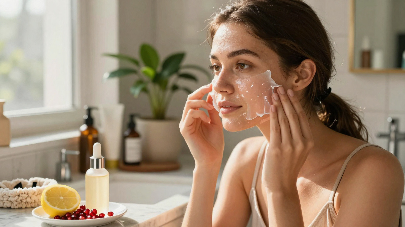Mulher aplicando creme facial em ambiente iluminado, com produtos e frutas na bancada do banheiro.