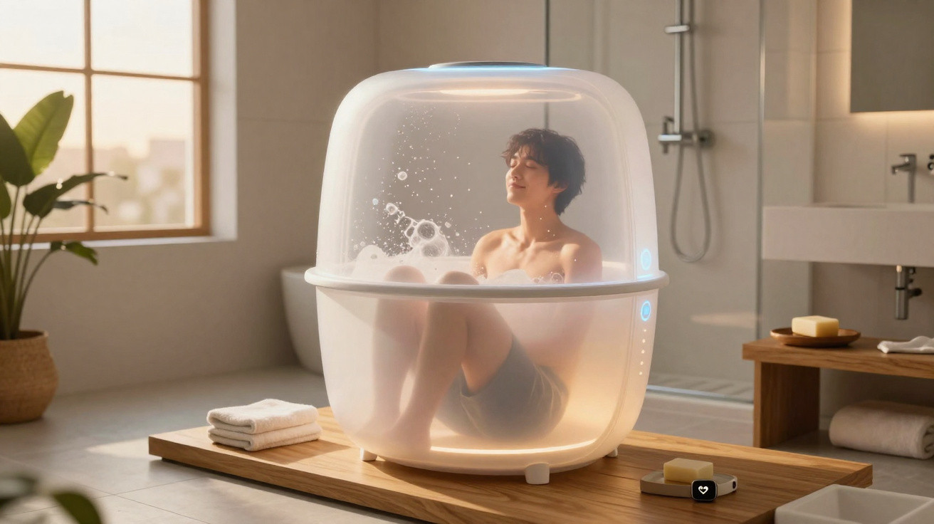 Pessoa relaxando em banheira transparente e moderna dentro de banheiro iluminado e com decoração minimalista.