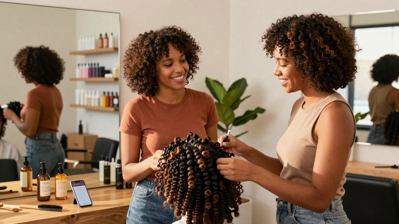 Duas mulheres realizando penteado com cachos em salão de beleza moderno e iluminado.
