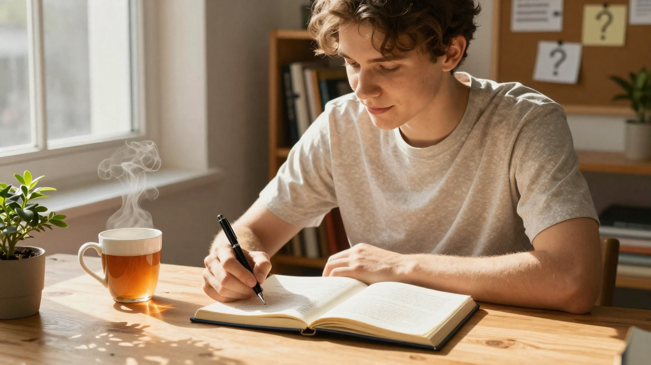 Jovem escrevendo em caderno com caneca de chá fumegante e planta ao lado em mesa iluminada pela janela.