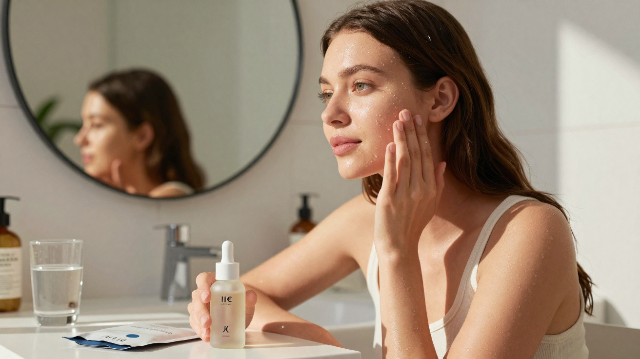 Mulher aplicando sérum facial, sentada em banheiro iluminado com espelho redondo ao fundo.
