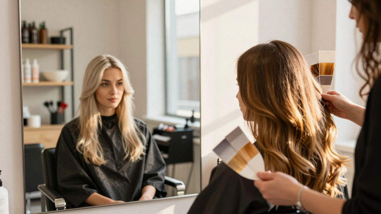 Cliente loira sentada em salão de beleza, vendo seu reflexo no espelho enquanto cabeleireira escolhe cor de cabelo.