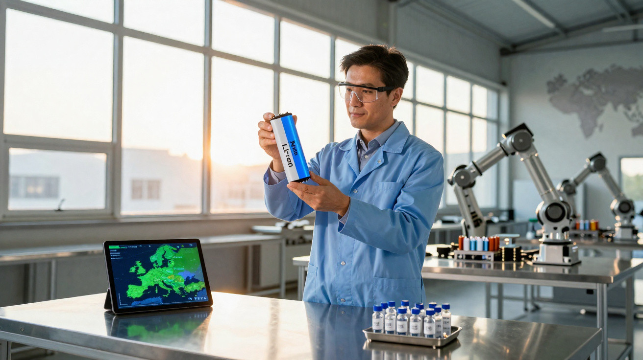 Cientista em laboratório segurando bateria de íon de lítio com tablet e braços robóticos ao fundo.