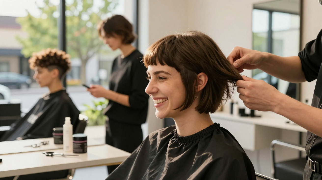 Cliente sorridente recebendo corte de cabelo em salão moderno com profissionais ao fundo.