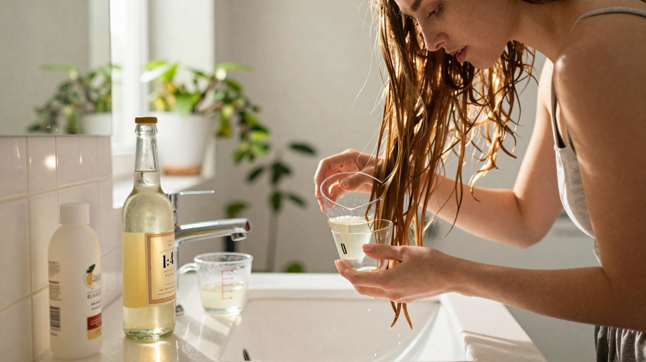 Mulher aplicando máscara capilar em cabelo molhado no banheiro com produtos na bancada e planta ao fundo.