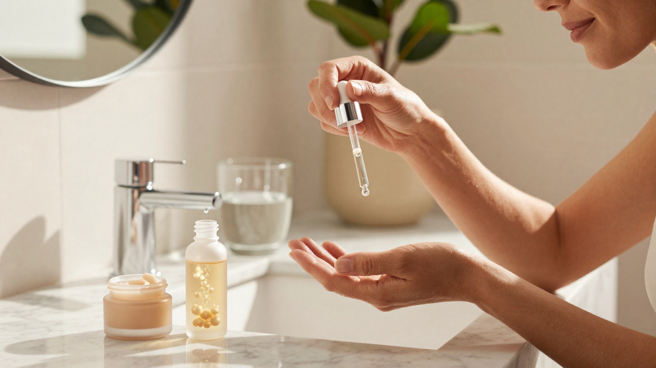 Mulher aplicando sérum facial com conta-gotas, ao lado de creme e frasco em bancada de banheiro.