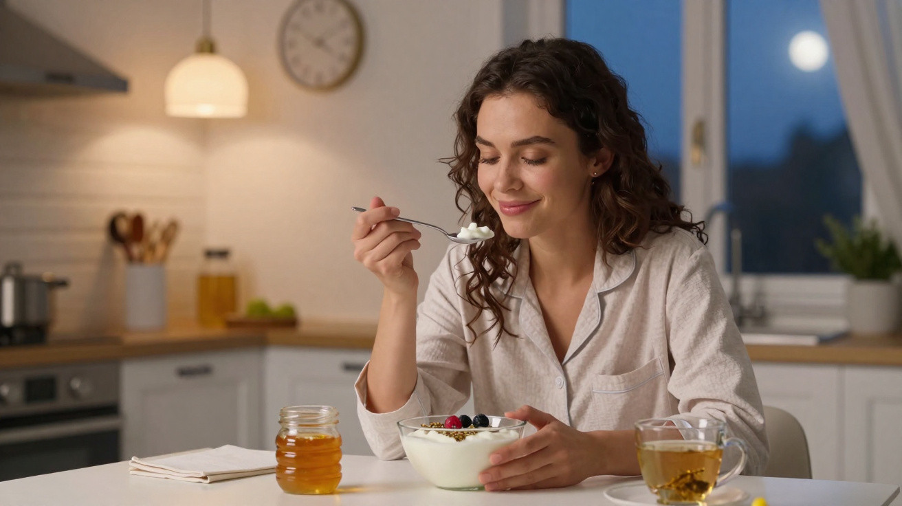 Mulher sorrindo comendo iogurte com frutas em tigela na cozinha durante a noite.
