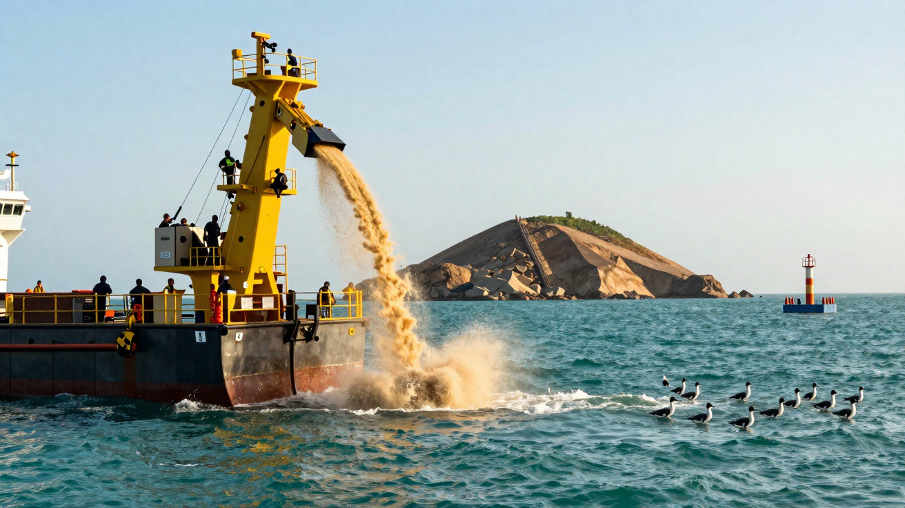 Embarcação despejando sedimentos no mar próximo a uma ilha rochosa e aves flutuando na água.