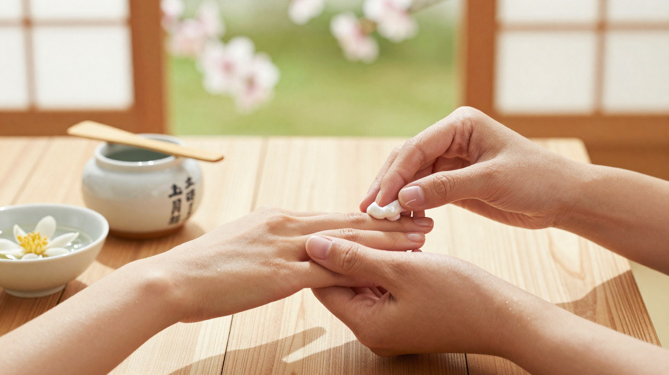 Mãos femininas aplicando creme em outra mão sobre mesa de madeira em ambiente relaxante decorado com flores.