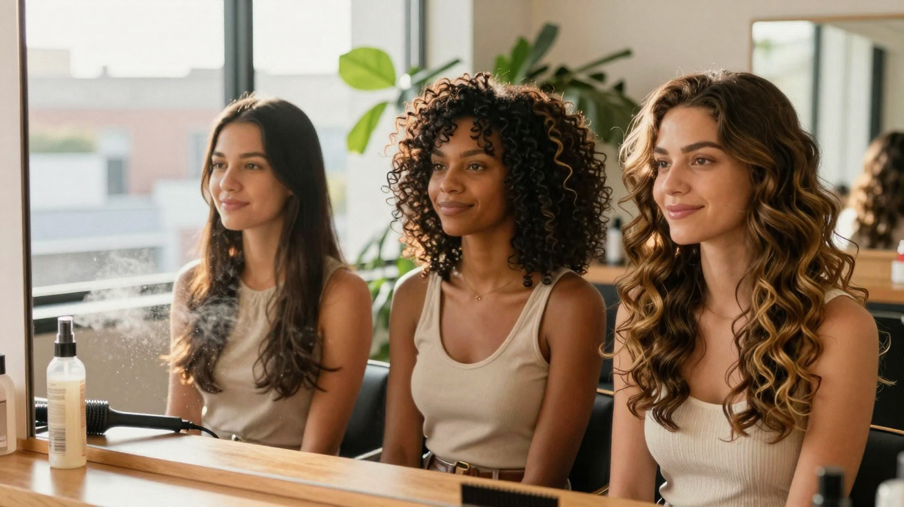 Três mulheres com diferentes tipos de cabelo sentadas diante de espelho em salão de beleza.