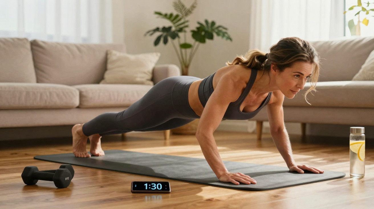 Mulher fazendo prancha em tapete de yoga na sala, com halteres, garrafa de água e cronômetro ao redor.