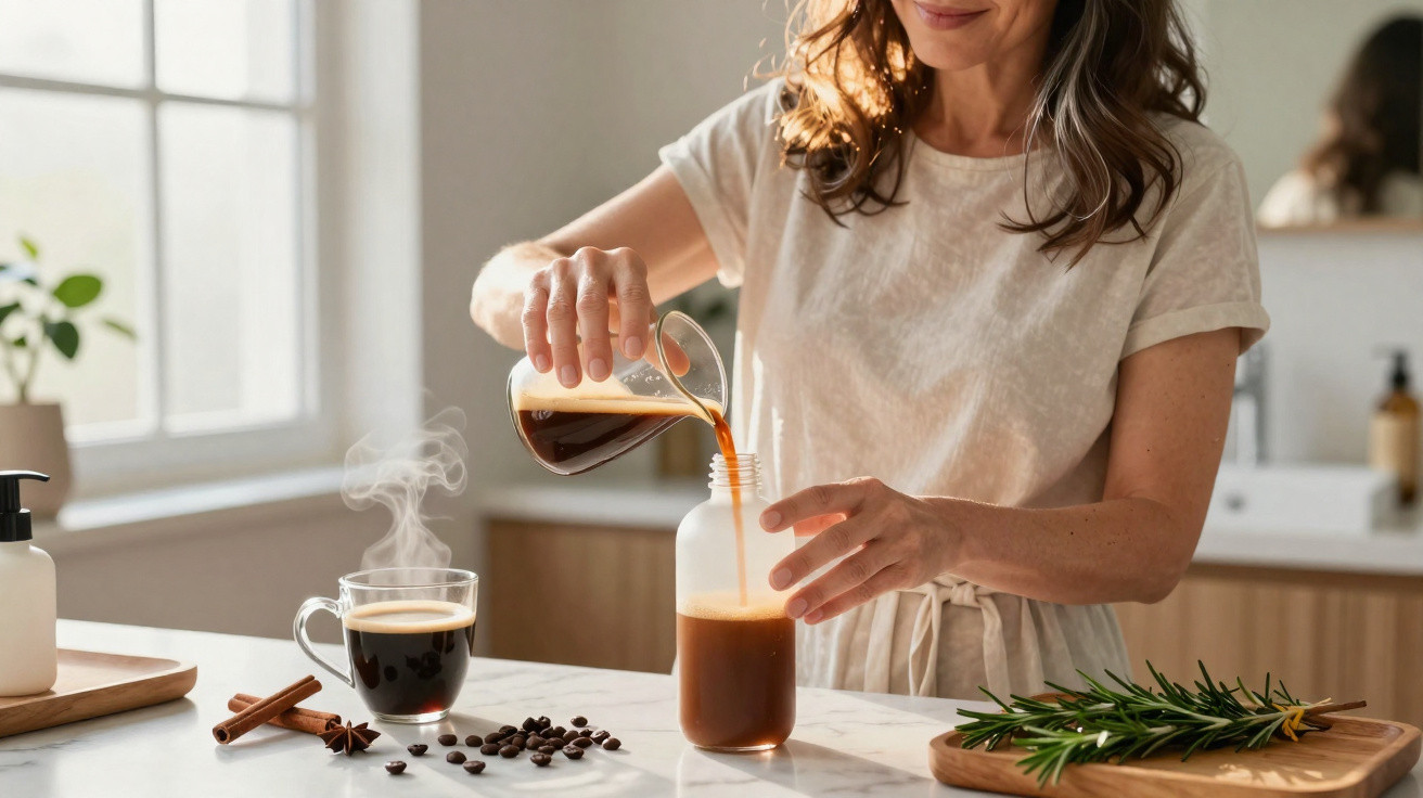 Mulher despejando café em garrafa plástica em cozinha iluminada, com xícara de café e especiarias na bancada.