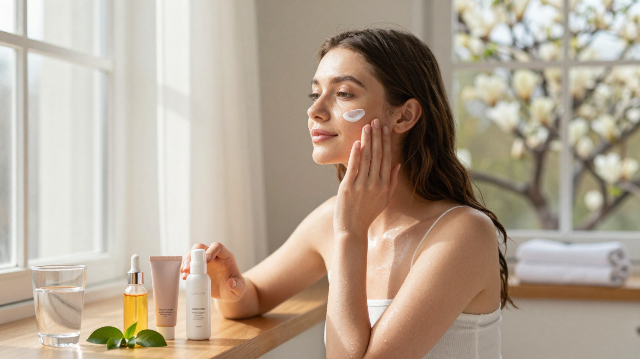 Mulher aplicando creme facial sentada próxima à janela com produtos de skincare ao lado.