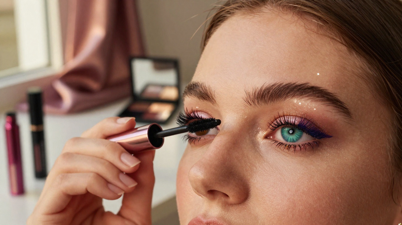 Mulher aplicando rímel nos cílios com maquiagem roxa e olhos azuis claros em ambiente interno.