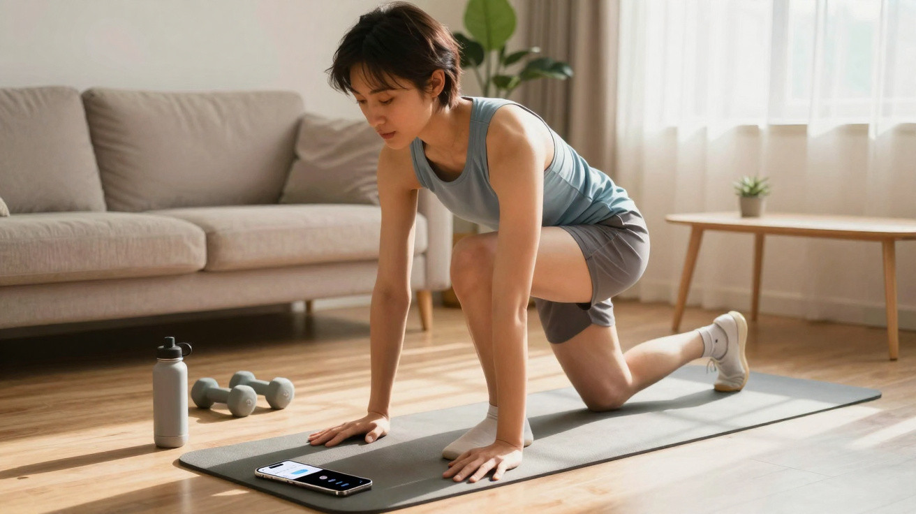 Mulher realizando exercícios em tapete de yoga em sala iluminada com garrafa e halteres ao lado.