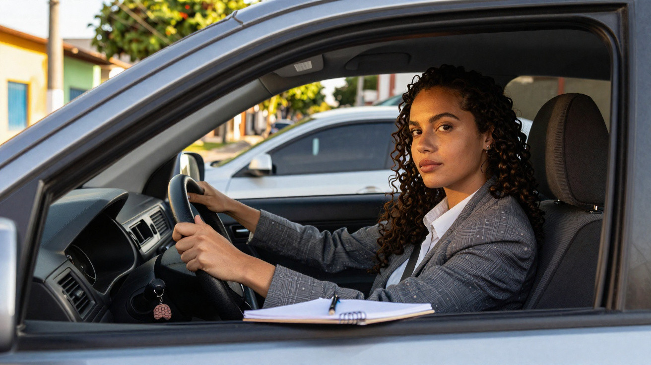 Mulher com terno cinza sentada no banco do motorista de um carro com caderno no colo.