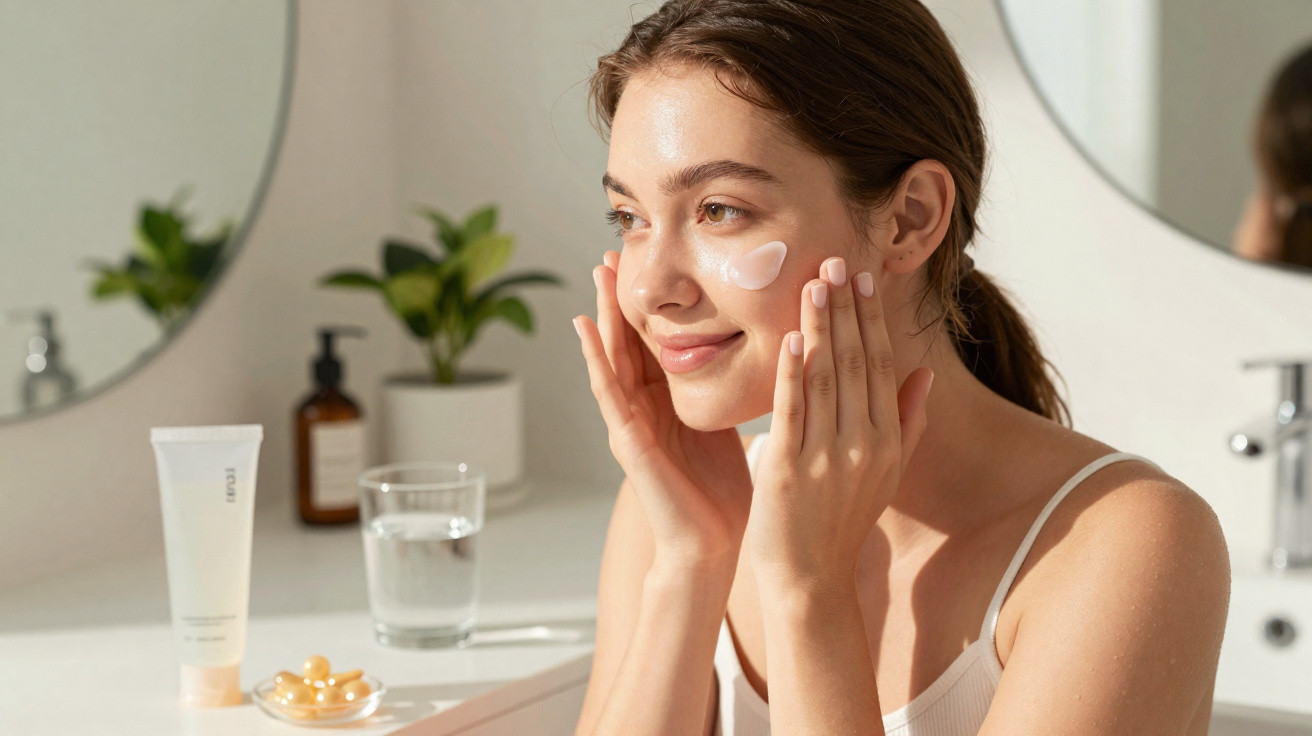 Mulher aplicando creme facial em banheiro com espelho, plantas e produtos de beleza ao fundo.