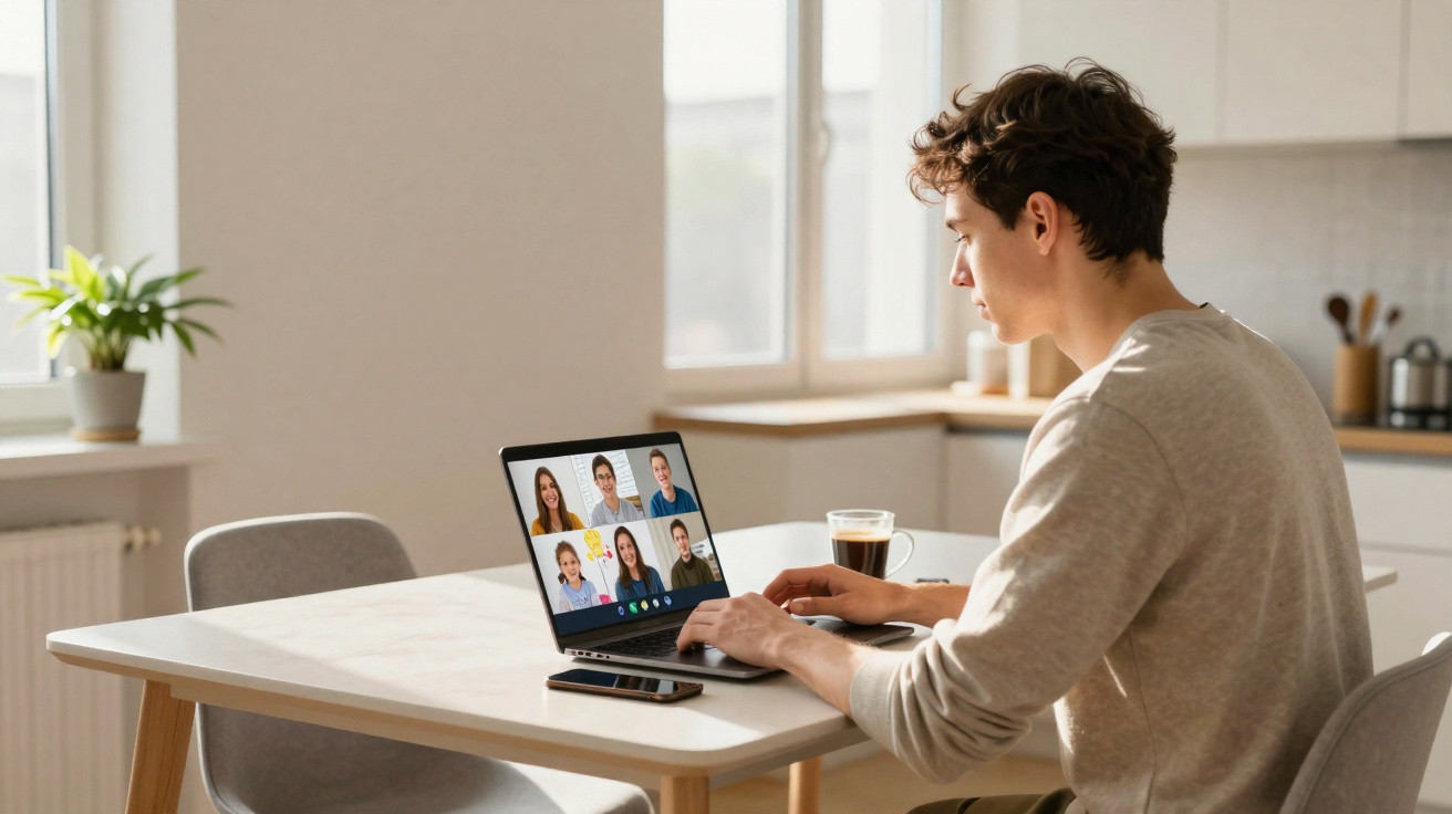 Jovem sentado à mesa participando de reunião virtual em um laptop em ambiente iluminado e moderno.
