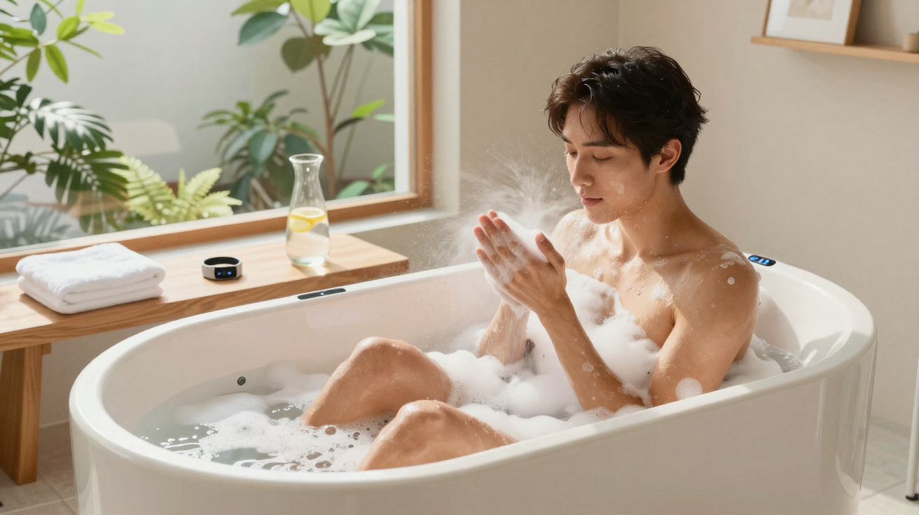 Homem relaxando em banheira de hidromassagem com espuma em banheiro iluminado e plantas ao fundo.
