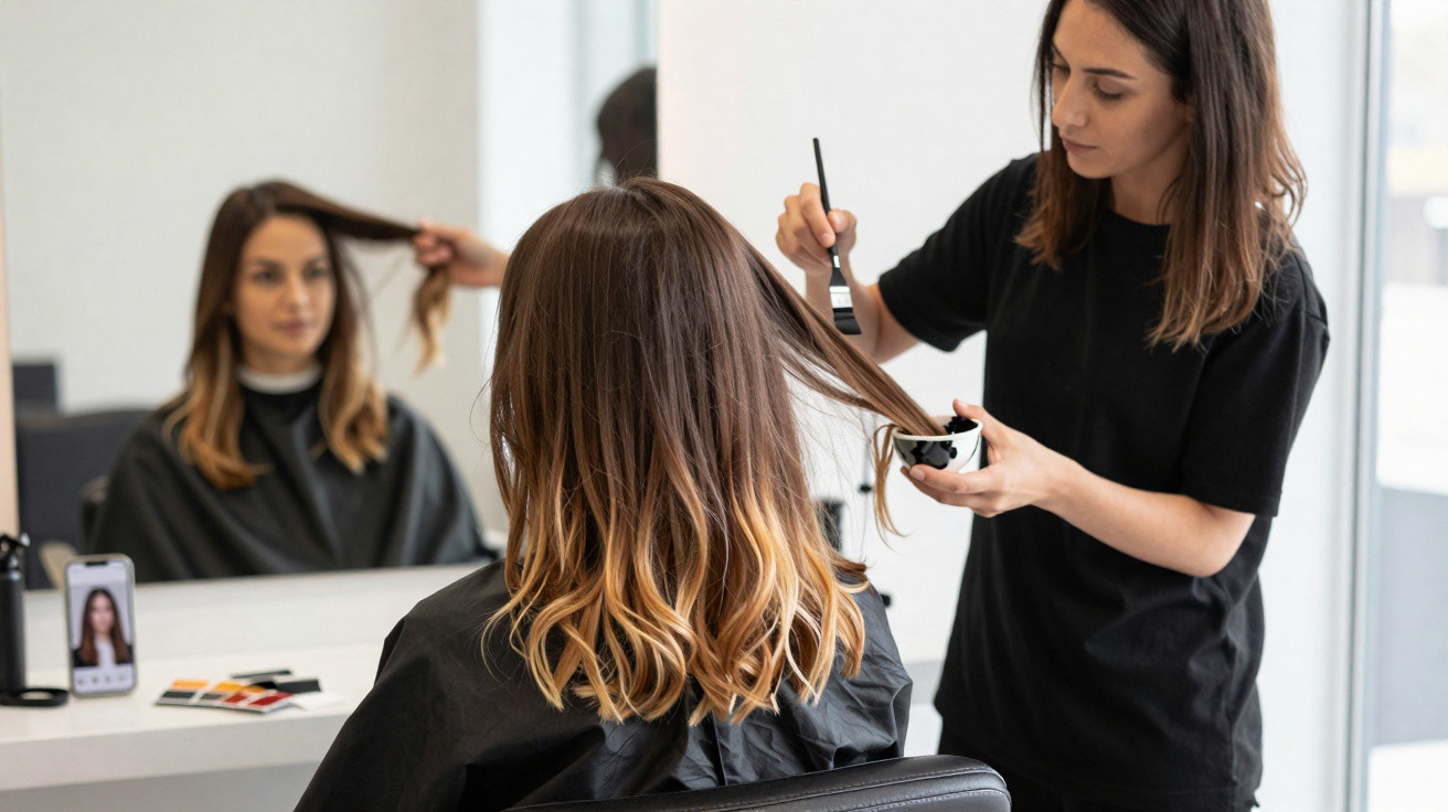 Cabeleireira aplicando tinta em mechas de cabelo de mulher sentada em salão moderno.